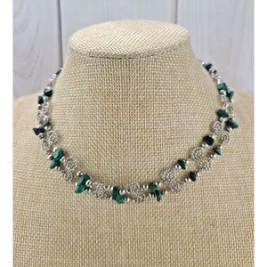 Silver-Tone Necklace Choker Malachite Gemstone Bead Chip  14.5" Length